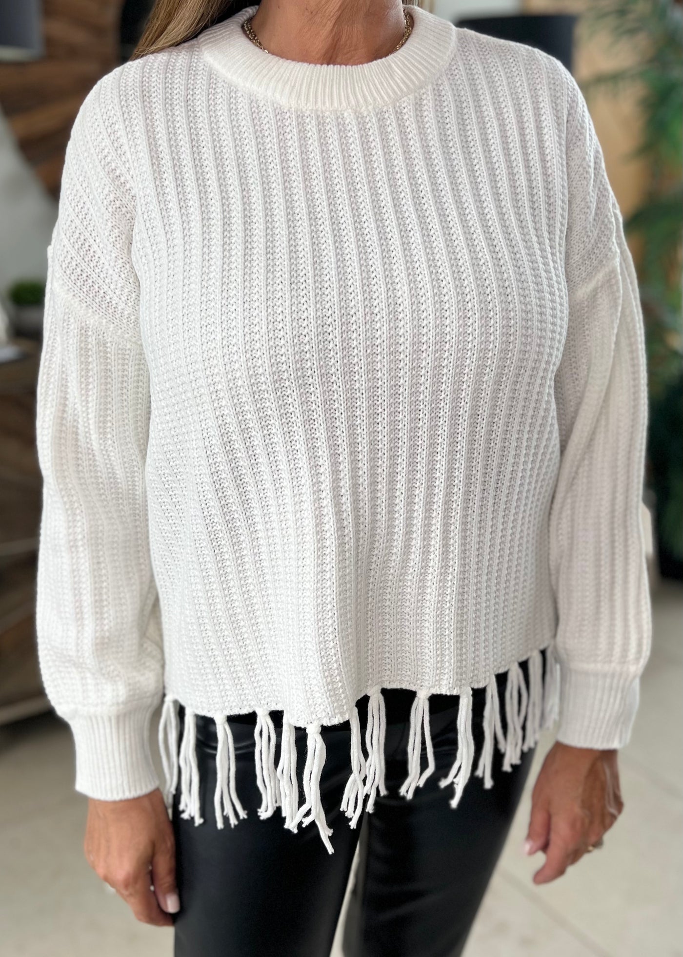 Fransa Antique White Fringed Jumper