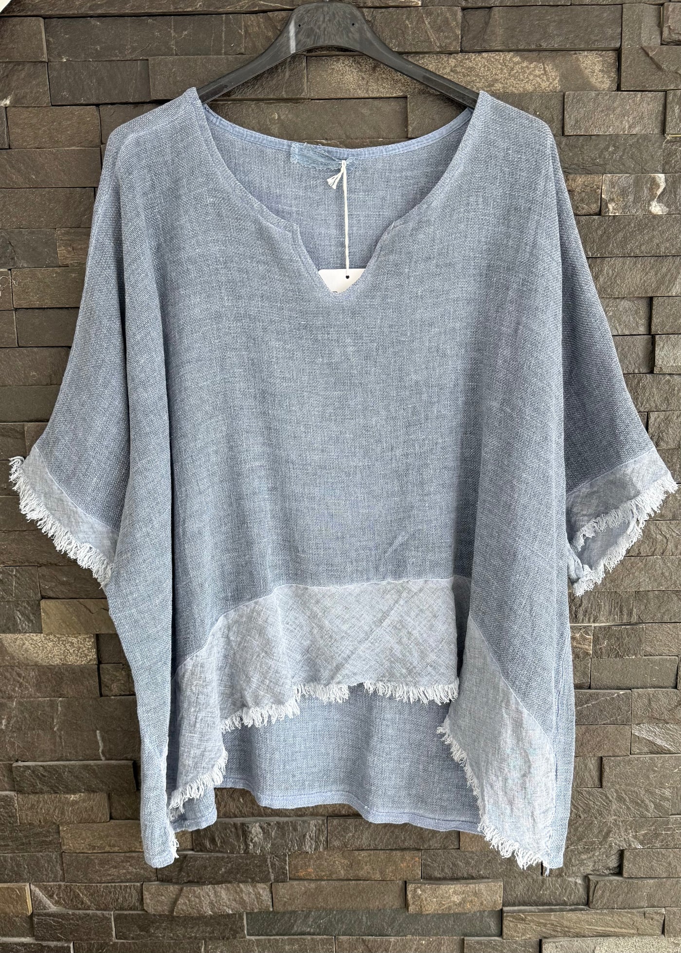 Blue Linen Mix Notch Neck Top