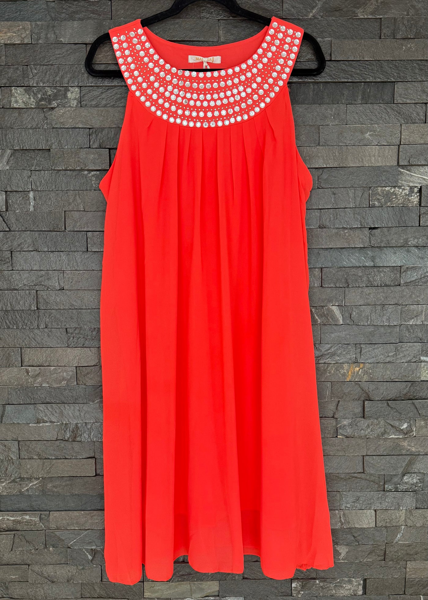 Neon Orange Gem Embellished Neckline Dress