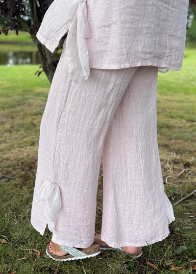 Pale Pink Tie Detail Linen Trousers