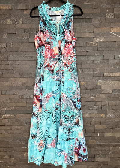 MJ Blue Multi Print Tiered Maxi Dress
