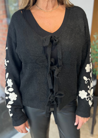 Black Embroidered Sleeve Cardigan