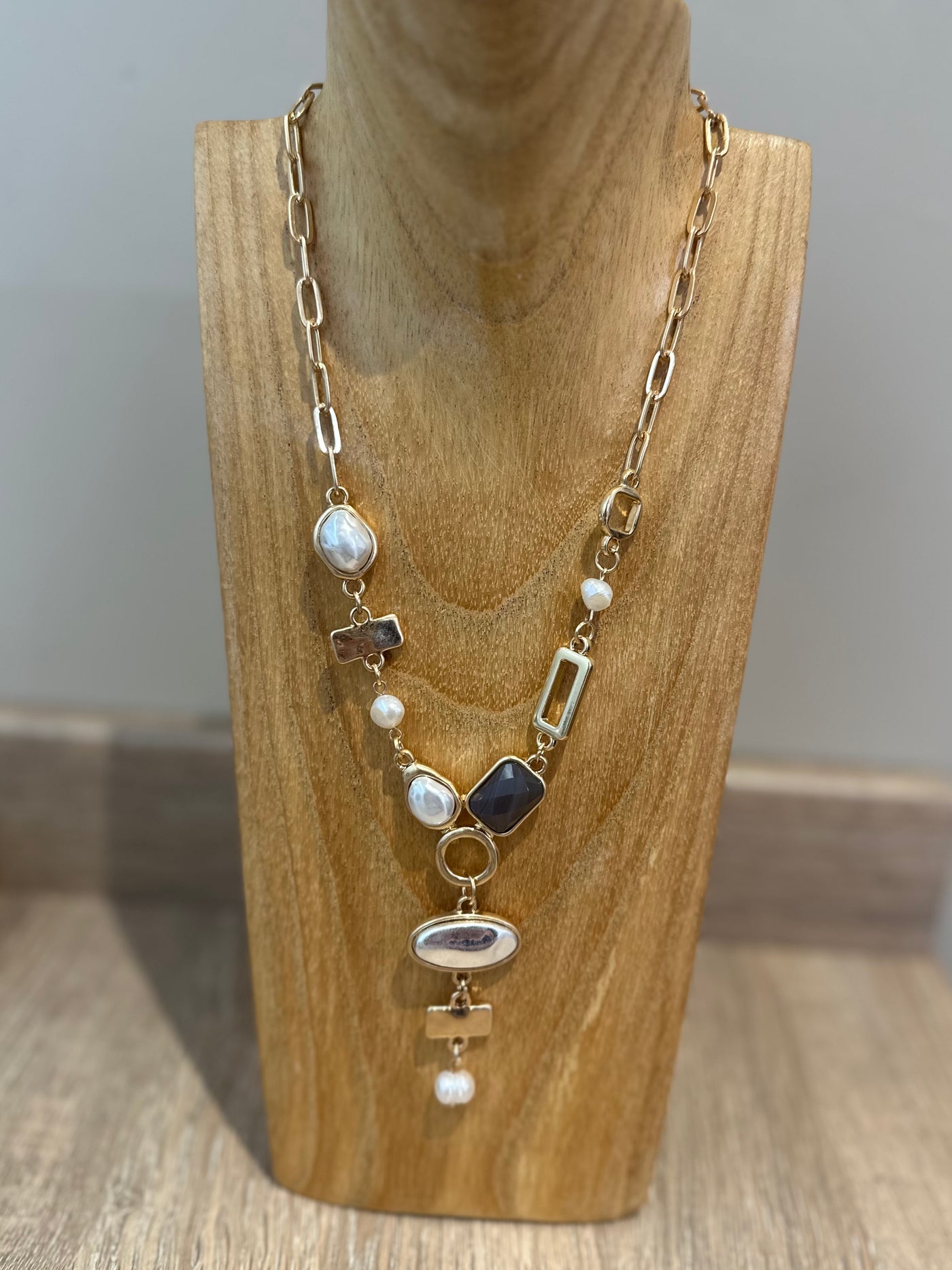 Gold, Silver & Pearl Abstract Necklace