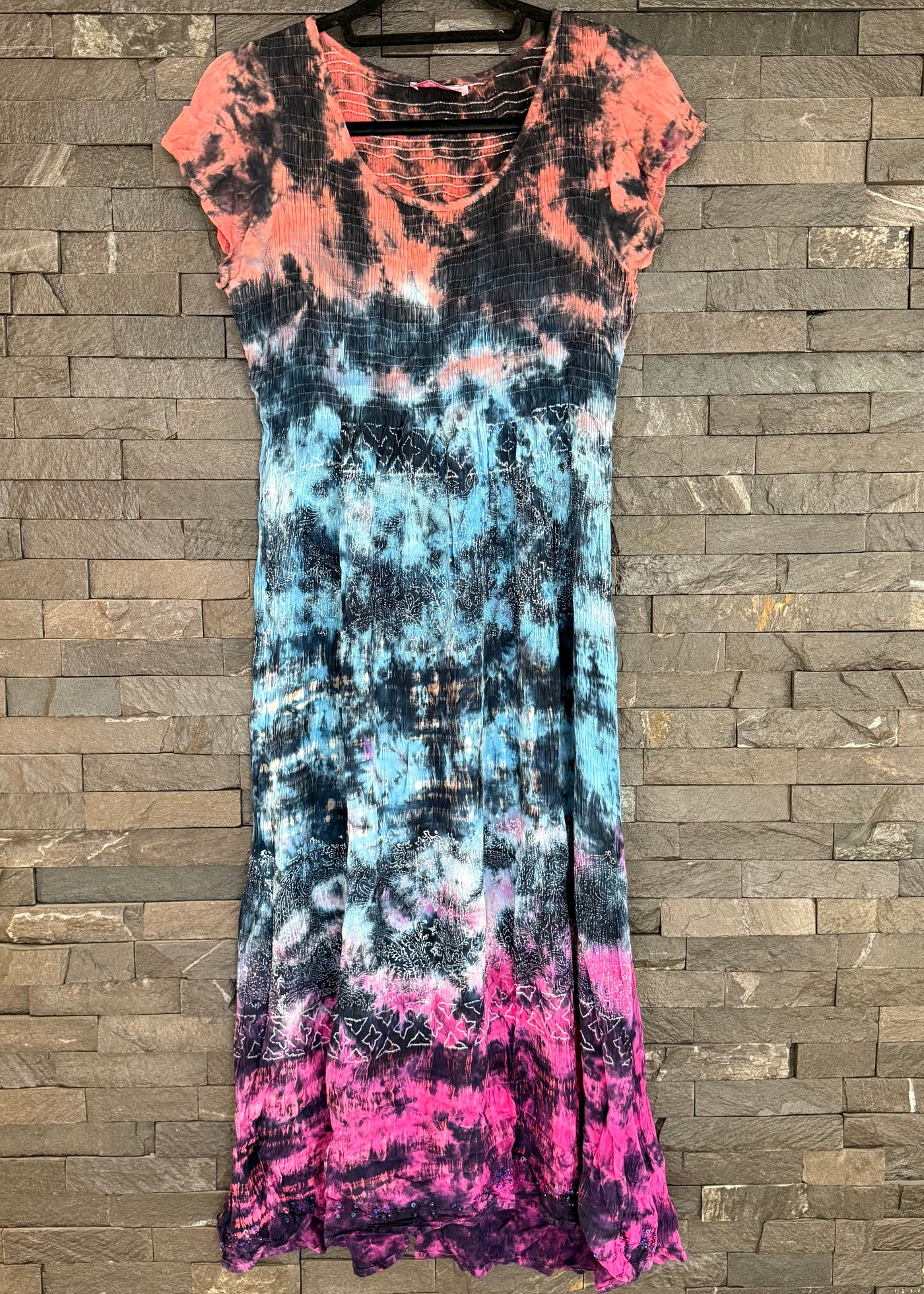 Multicoloured Tie Dye Shirred Cap Sleeve Dress