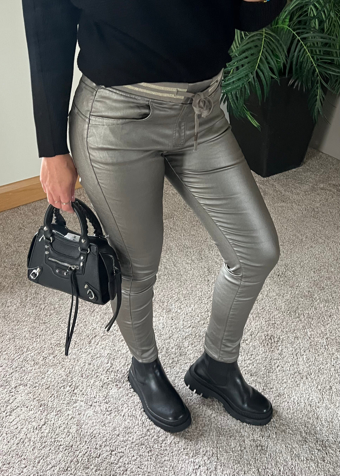 Zed Faux Leather Pewter Stretch Jeans