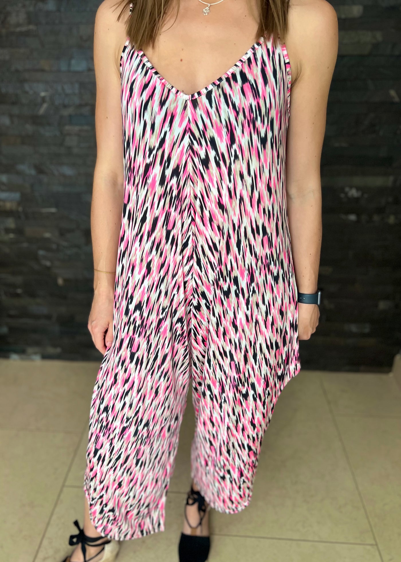 Pink Patterned Slinky Jumpsuit