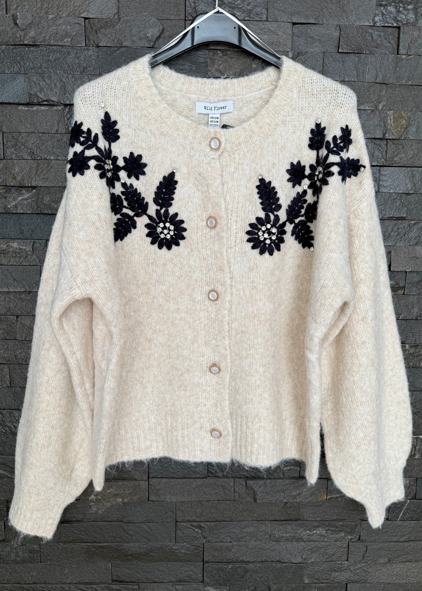 Cream & Black Embroidered Cardigan