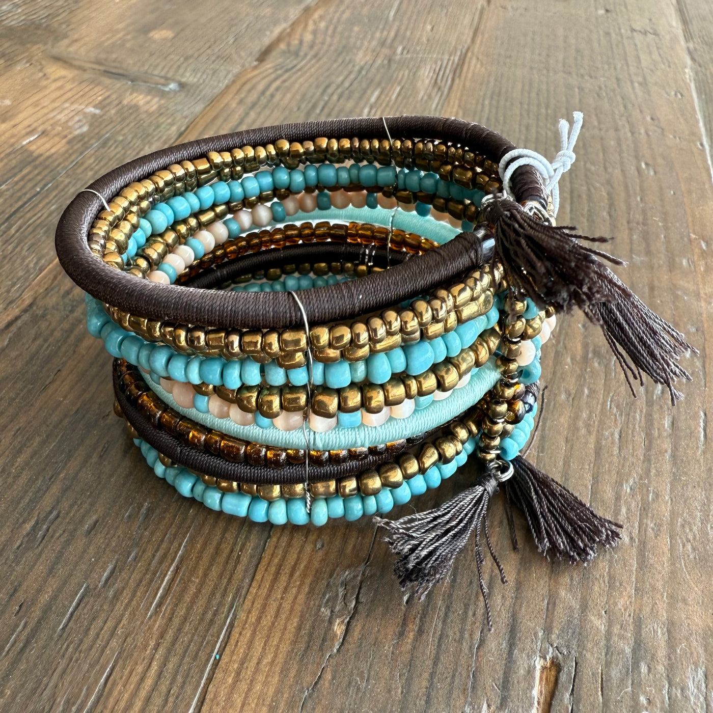Blue & Bronze Beaded Cuff Bracelet