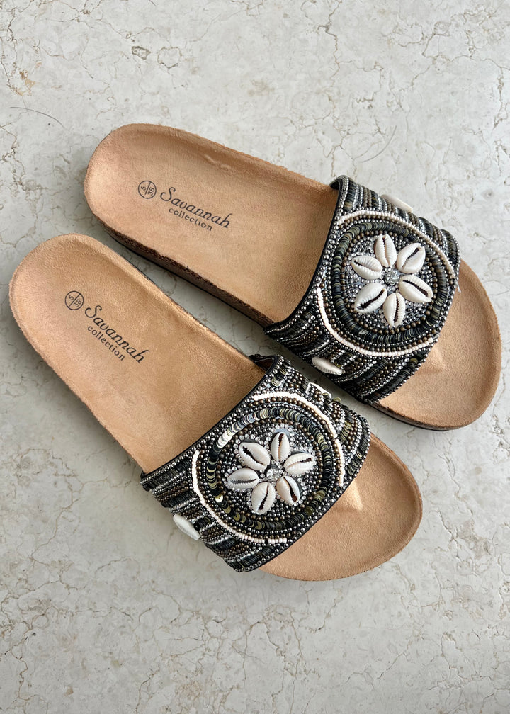 Black Shell Beaded Sliders