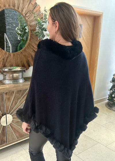 Black Faux Fur Trim Poncho