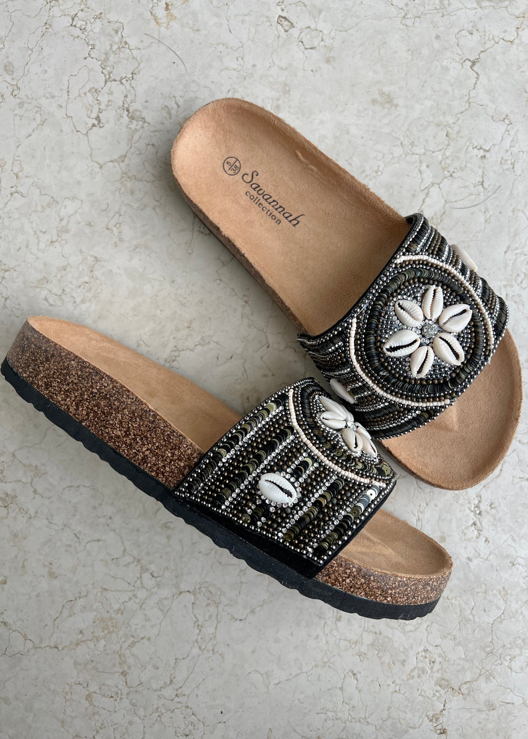 Black Shell Beaded Sliders