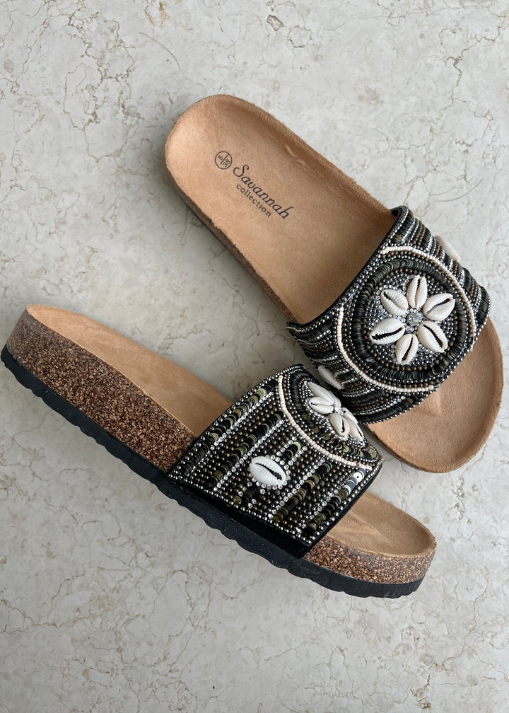 Black Shell Beaded Sliders