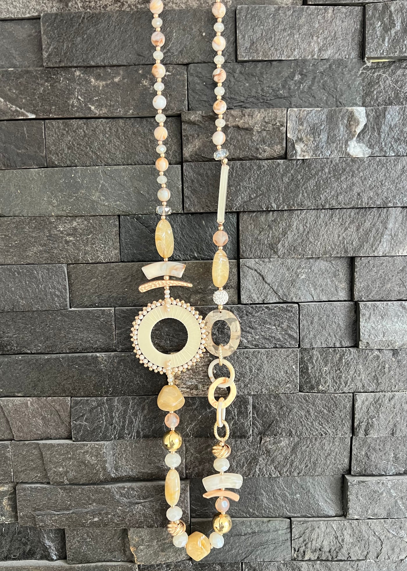 Neutral & Gold Beaded Long Necklace