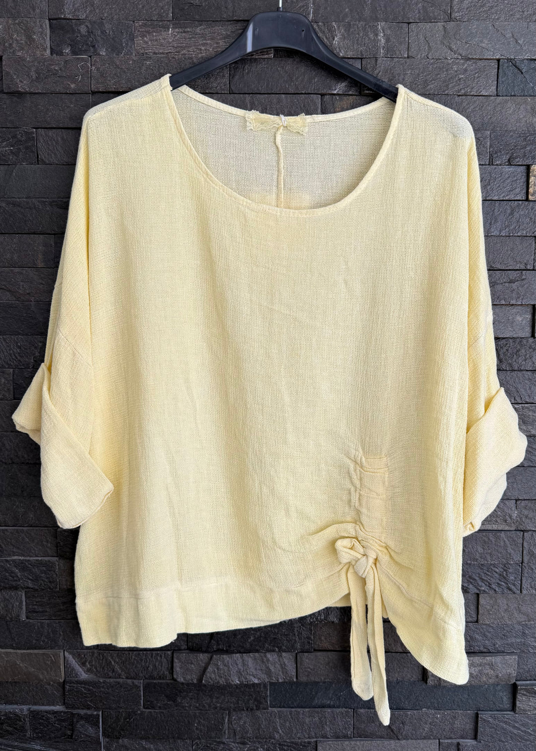 Butter Yellow Ruched Side Waffle Top