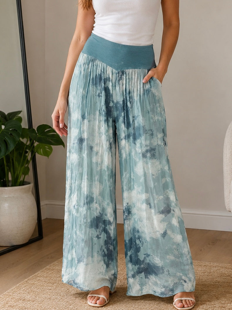 Aqua Digital Print Silk Pants With Jersey Waistband