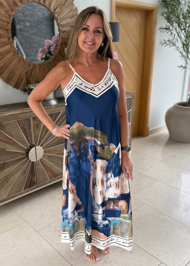 Navy Tuscan Satin Maxi Dress