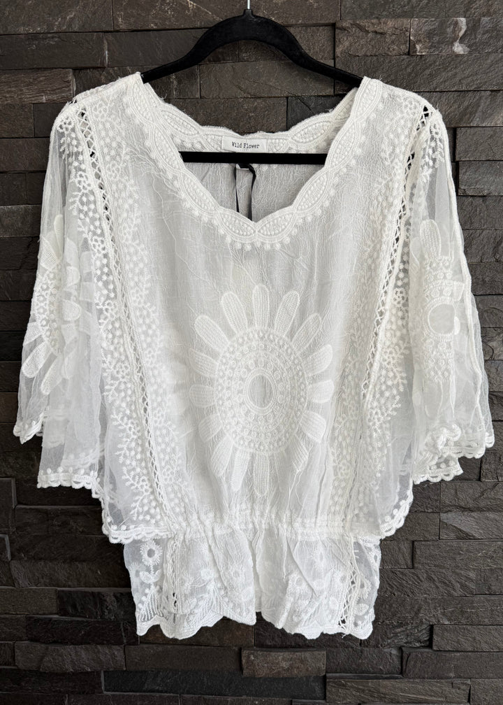 White Sunflower Lace Sleeve Top