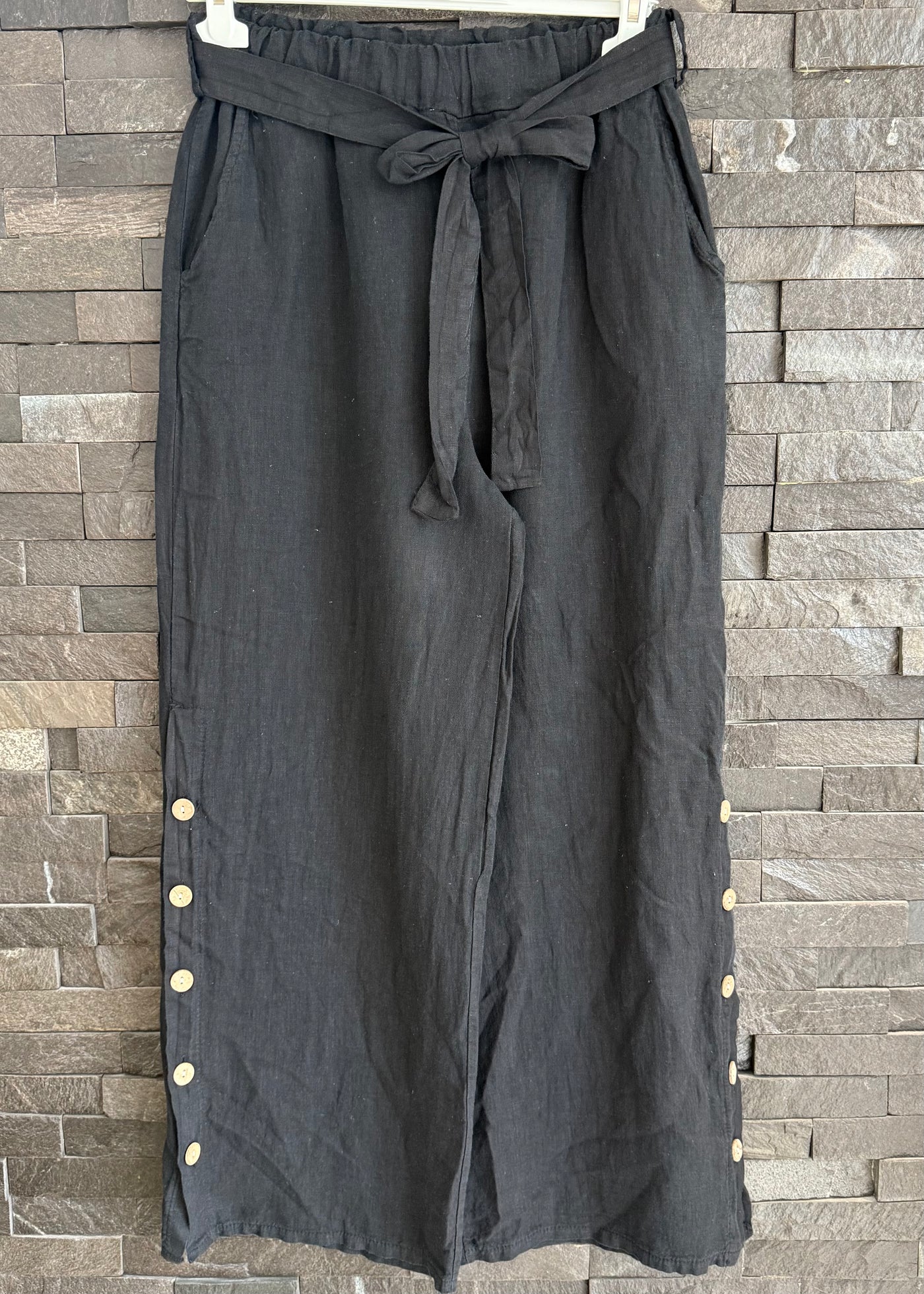 Black Button Leg Linen Trousers