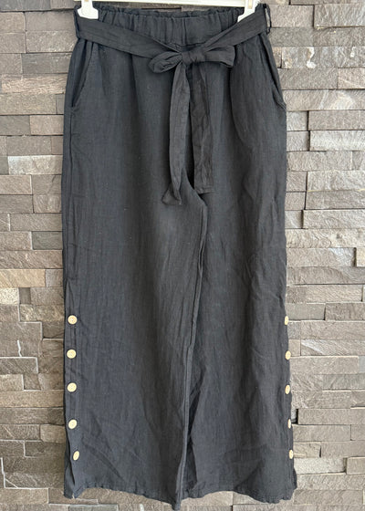 Black Button Leg Linen Trousers
