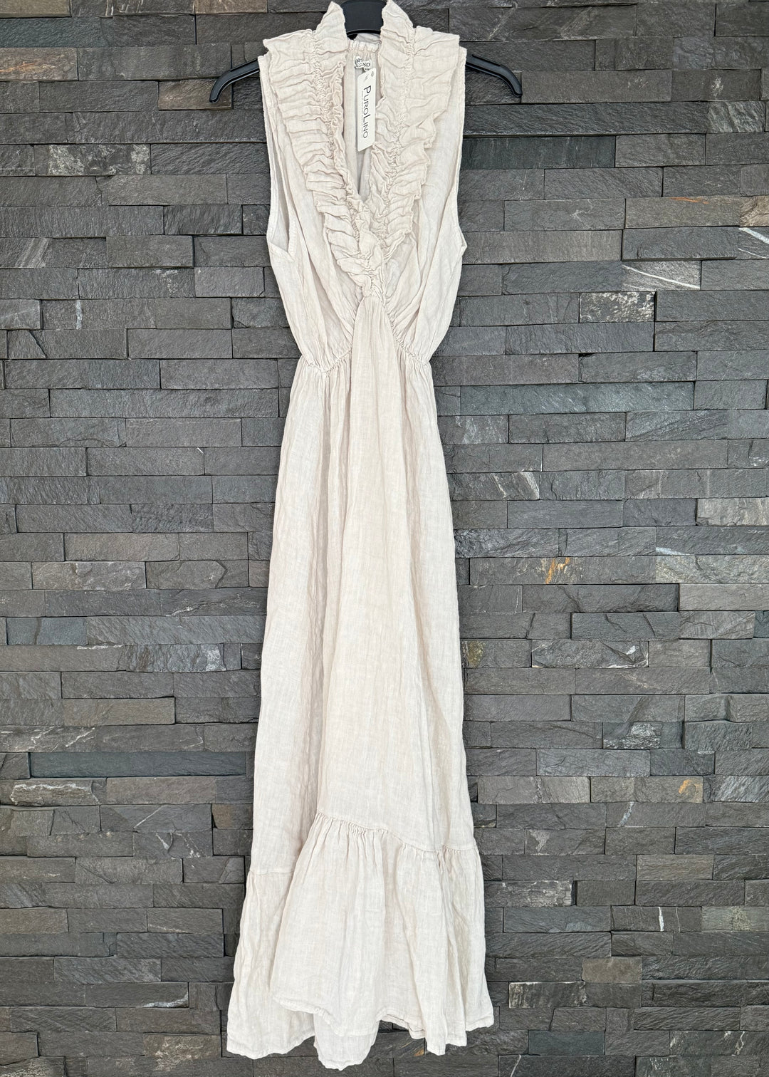 Stone Linen Ruffle Neck Dress