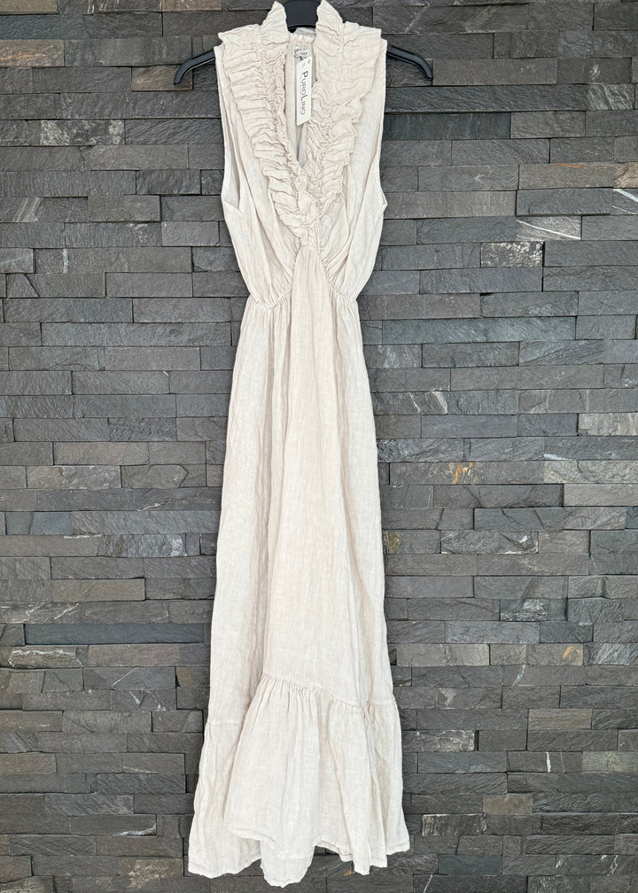 Stone Linen Ruffle Neck Dress