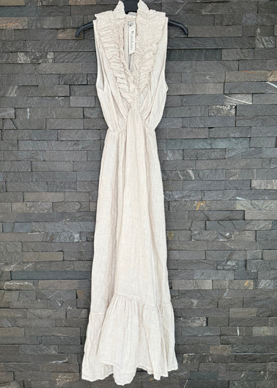 Stone Linen Ruffle Neck Dress