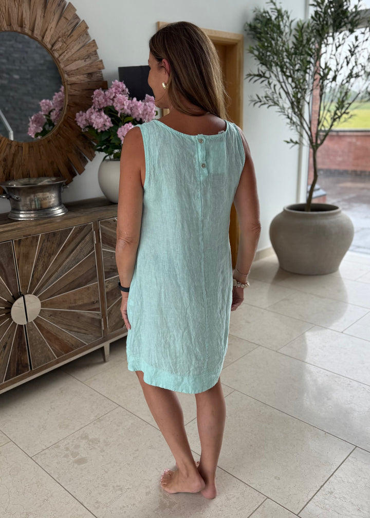 Aqua Linen Sleeveless Dress