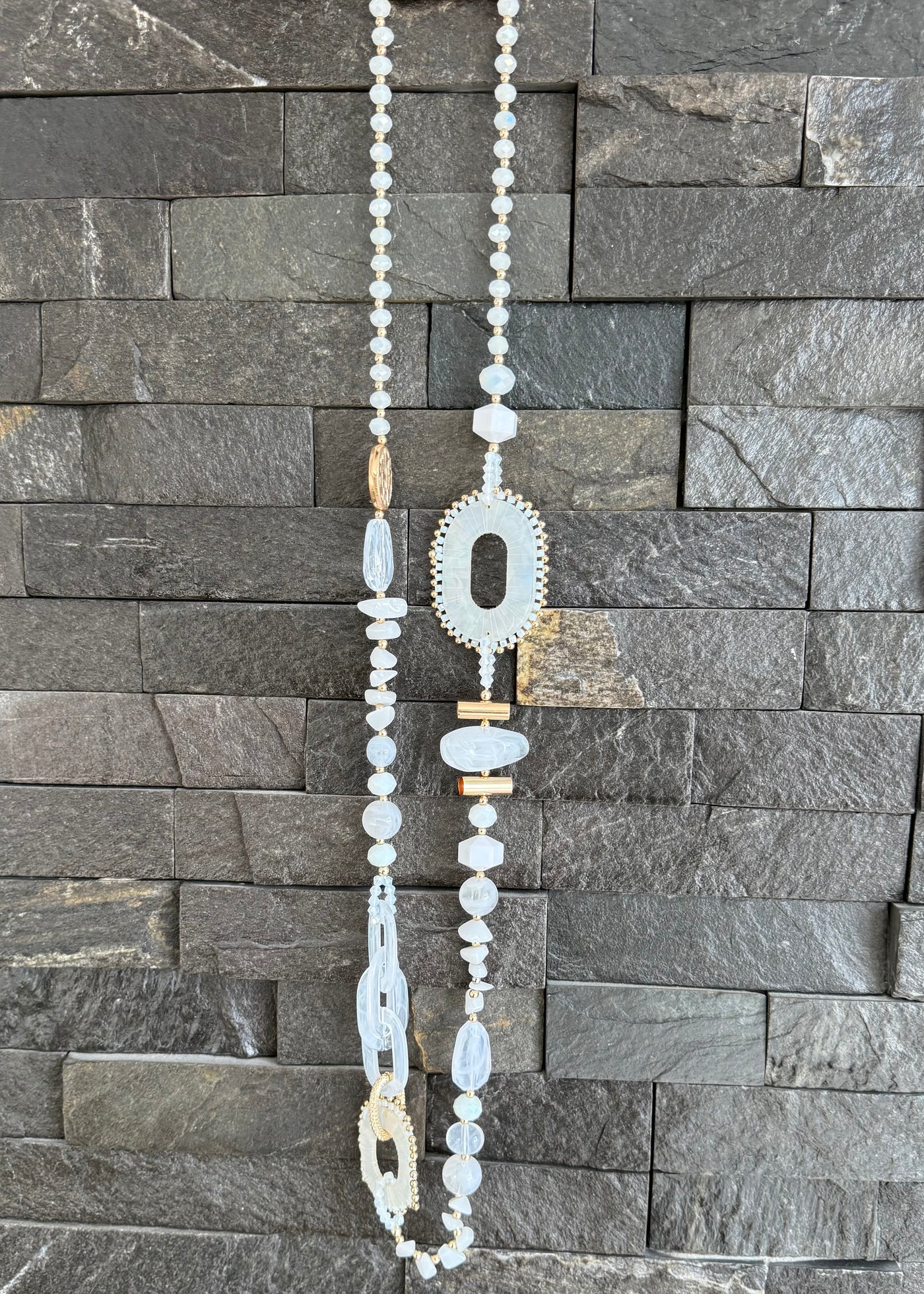 White Multi Bead Long Necklace