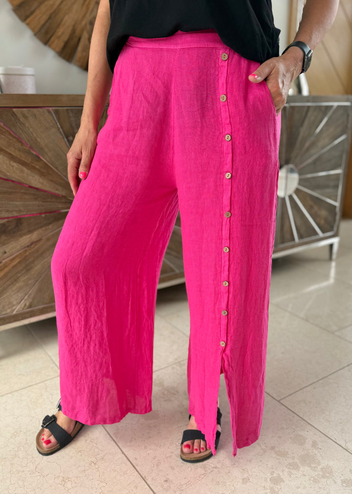 Fuchsia Linen Button Detail Trousers