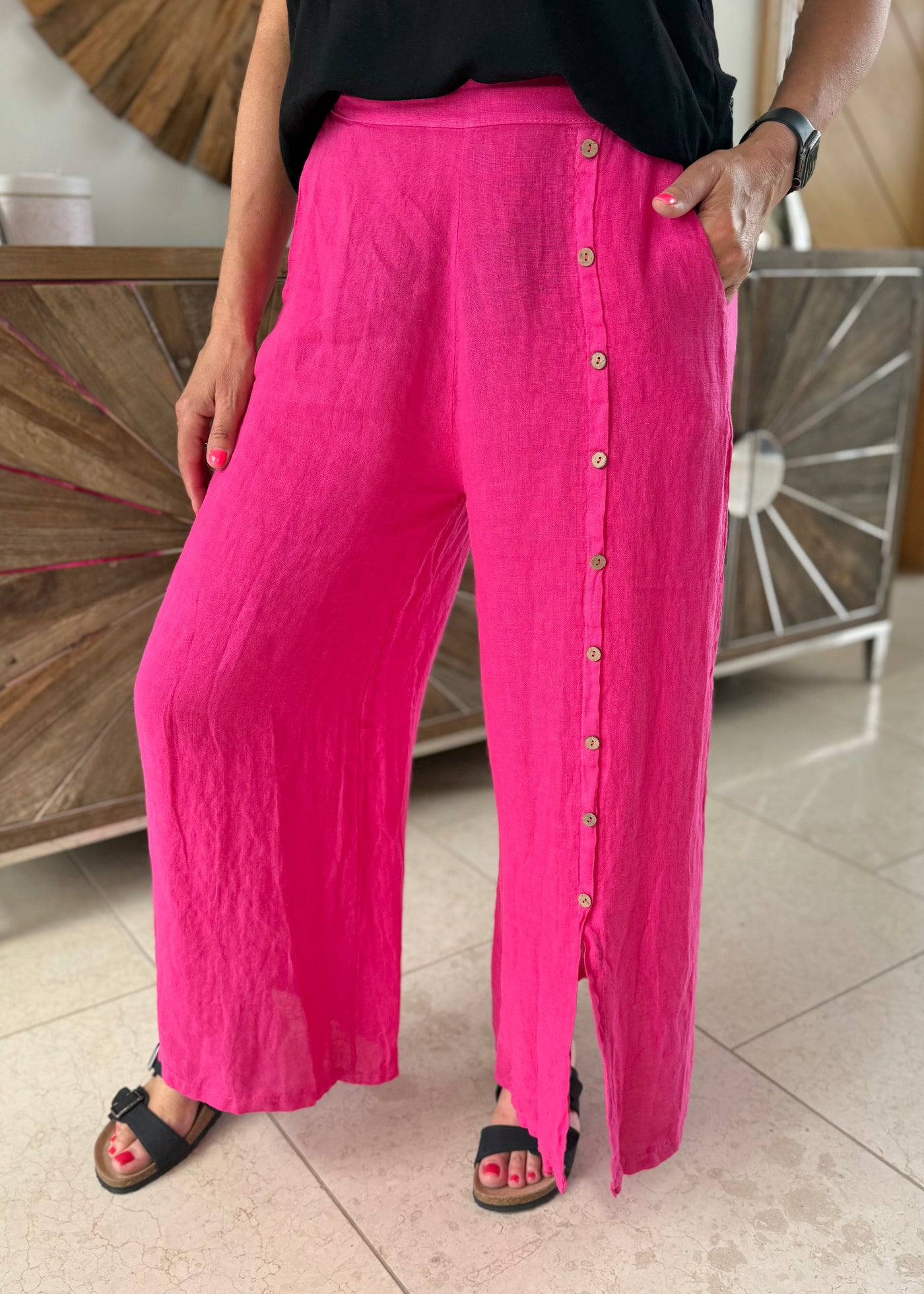 Fuchsia Linen Button Detail Trousers