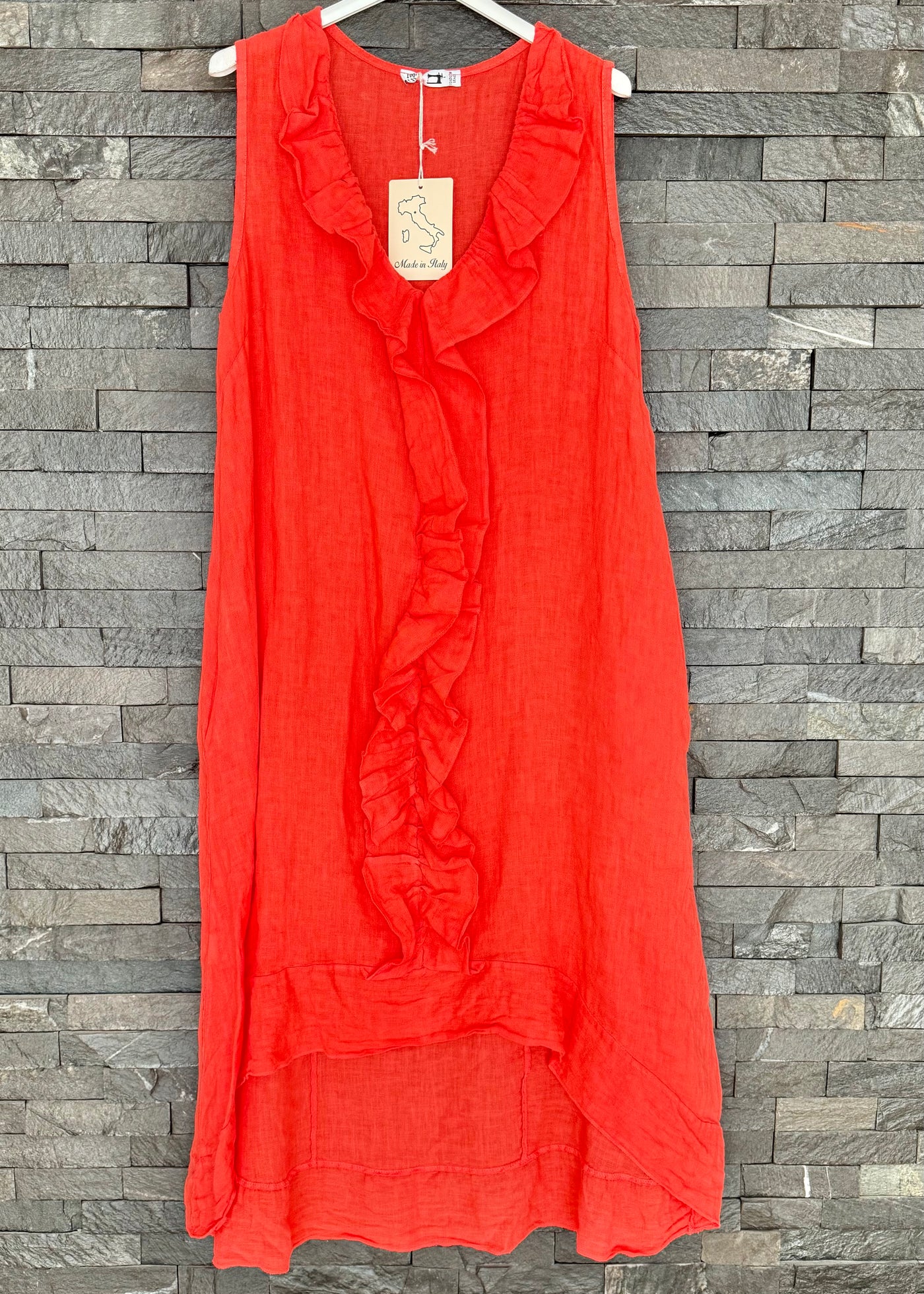 Coral Linen Ruffle Dress