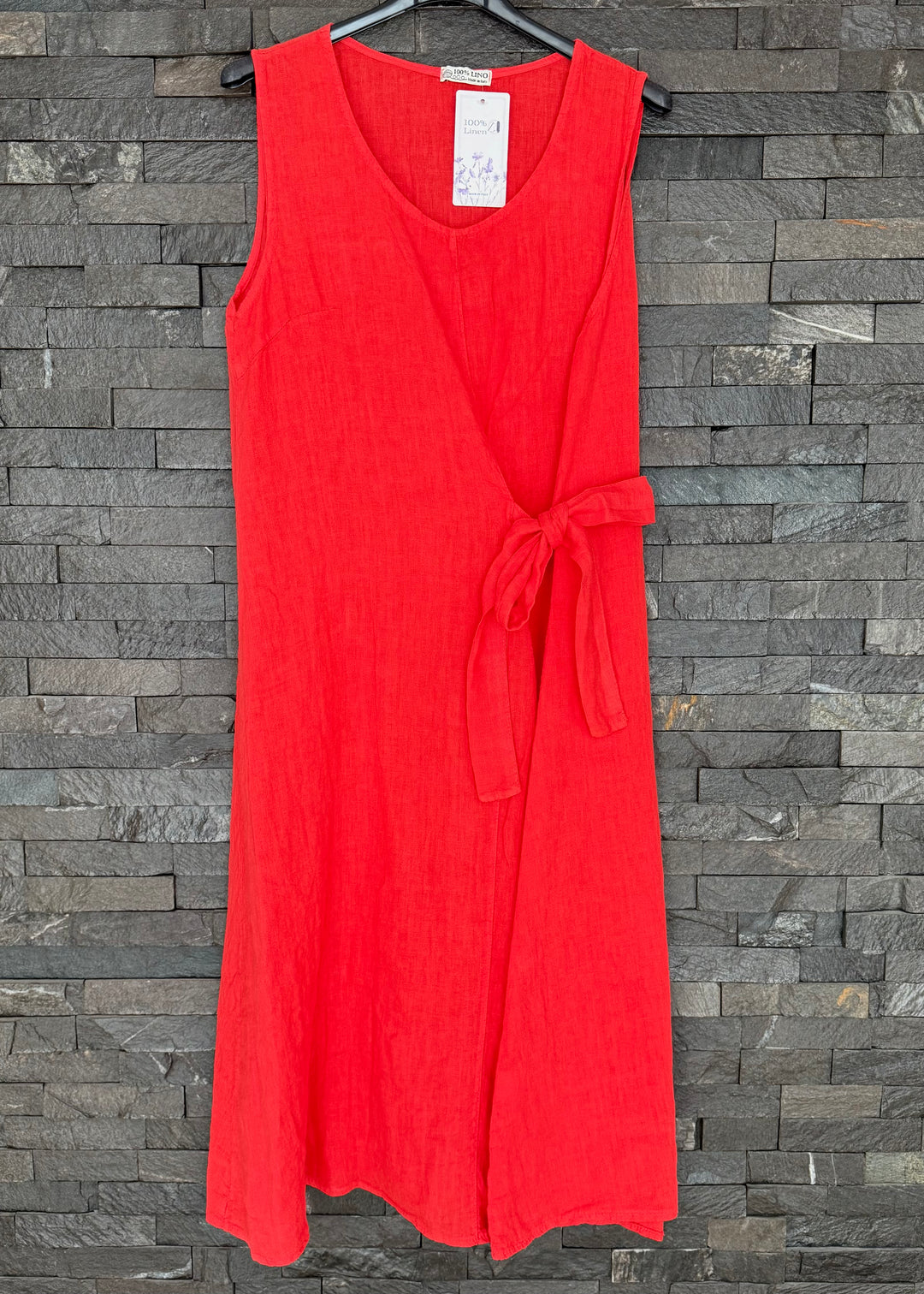 Red Linen Waist Tie Dress