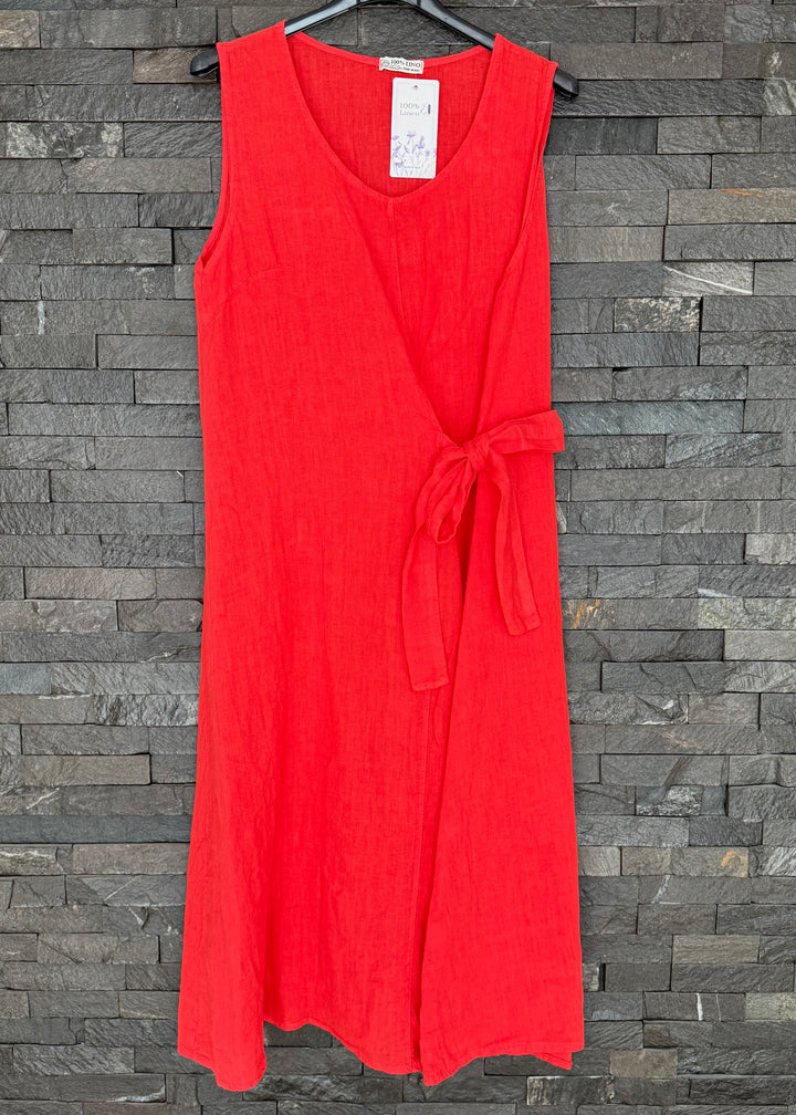 Red Linen Waist Tie Dress