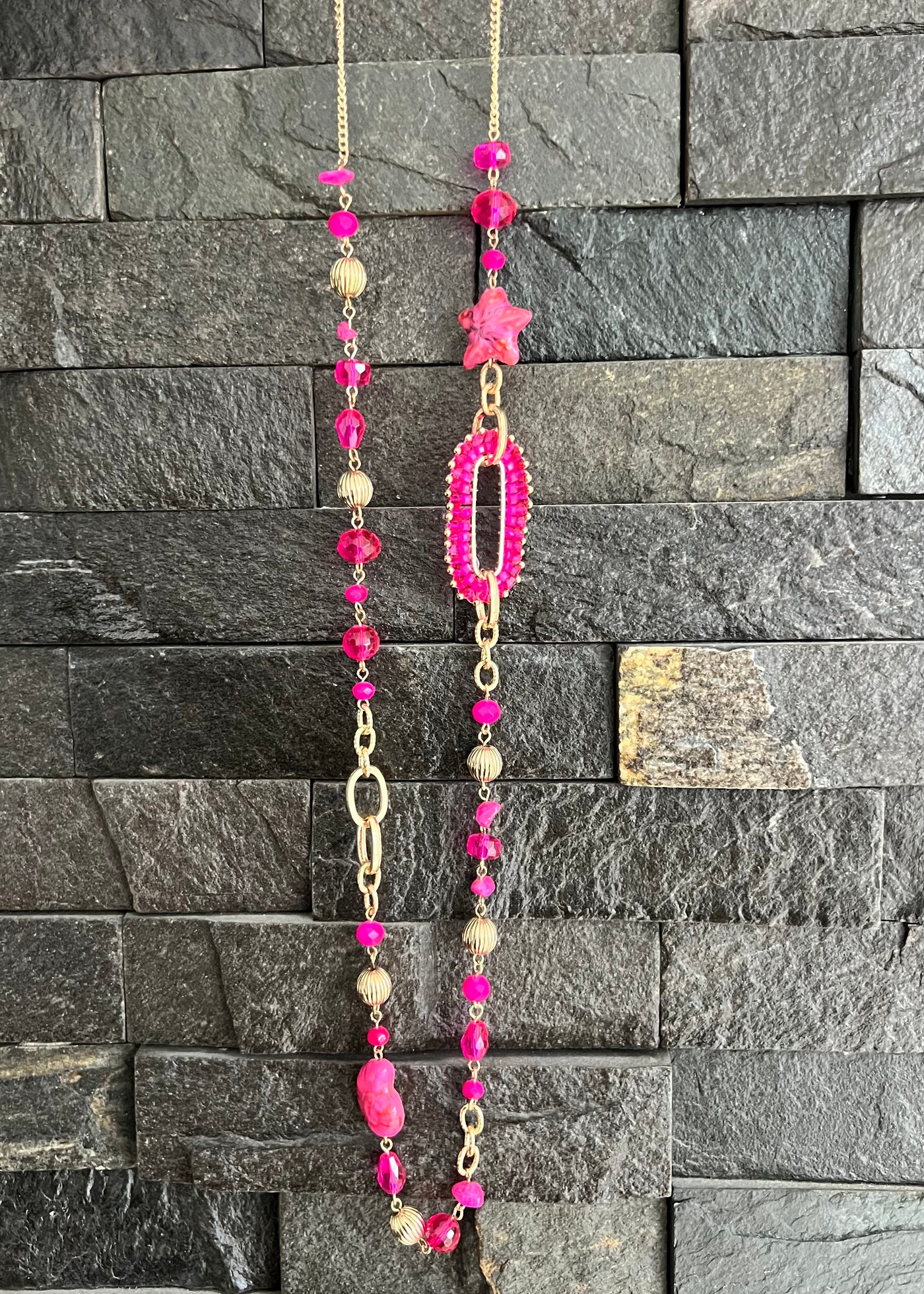 Fuchsia Pink & Gold Beaded Necklace