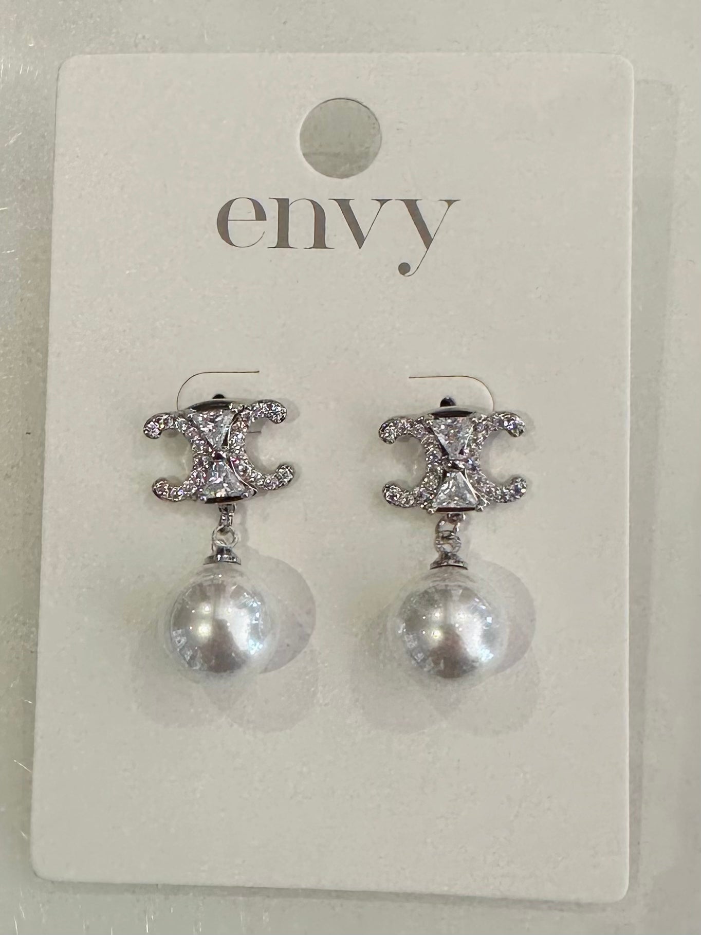 Silver Diamante & Pearl CC Earrings