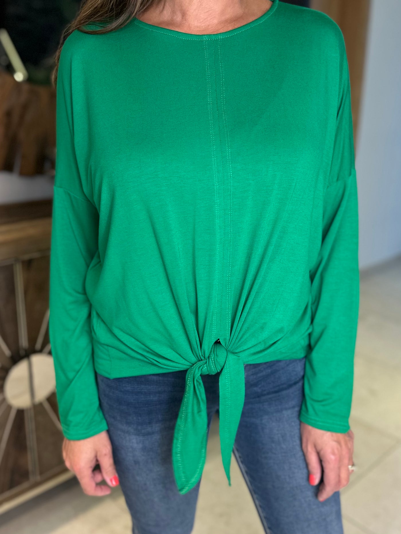 Green Long Sleeved Tie Front Top