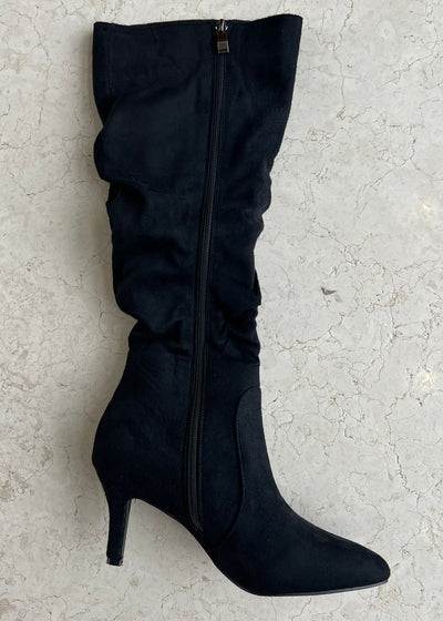 Black Suedette Ruched Heel Boots