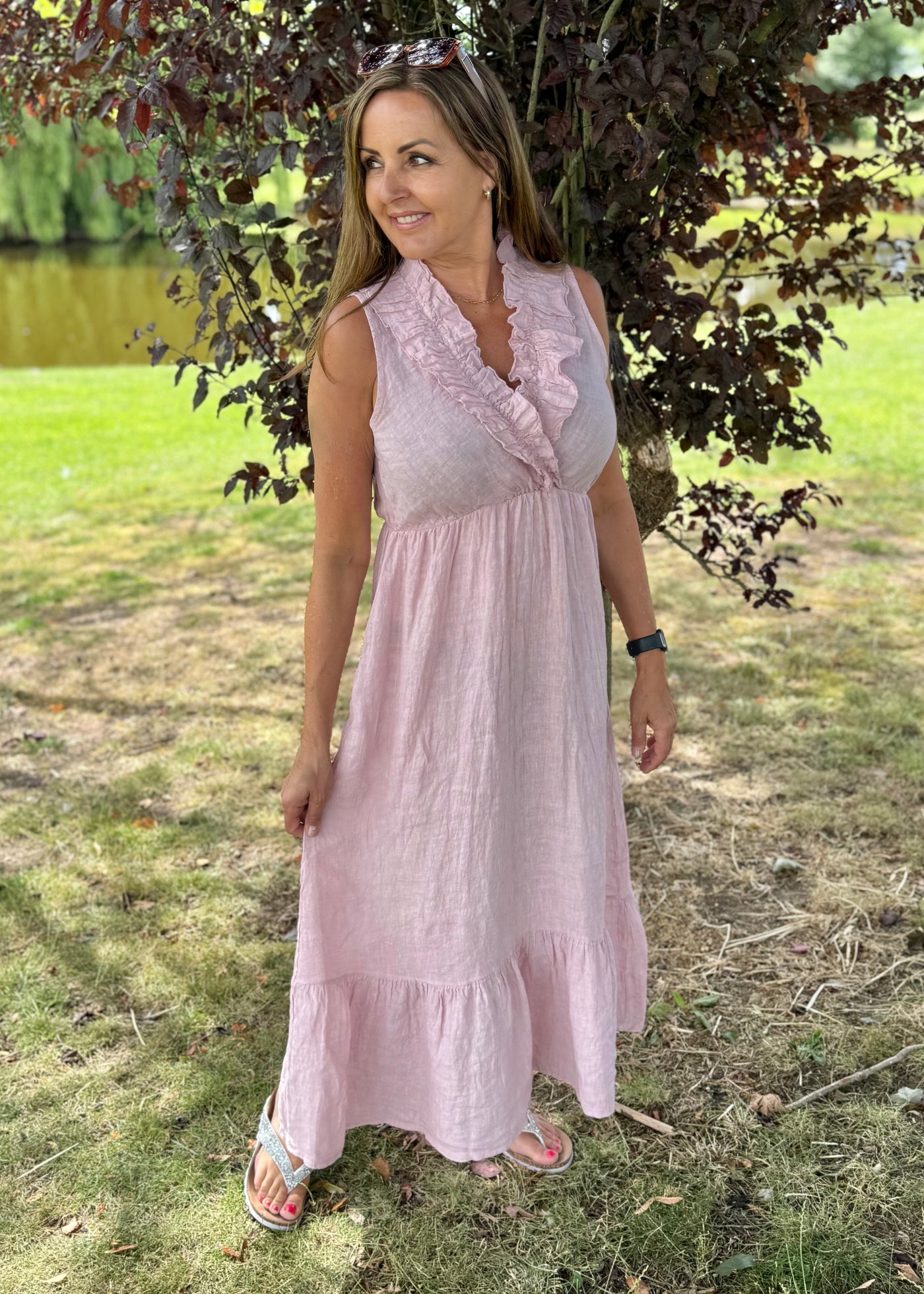 Dusky Pink Linen Ruffle Neck Dress