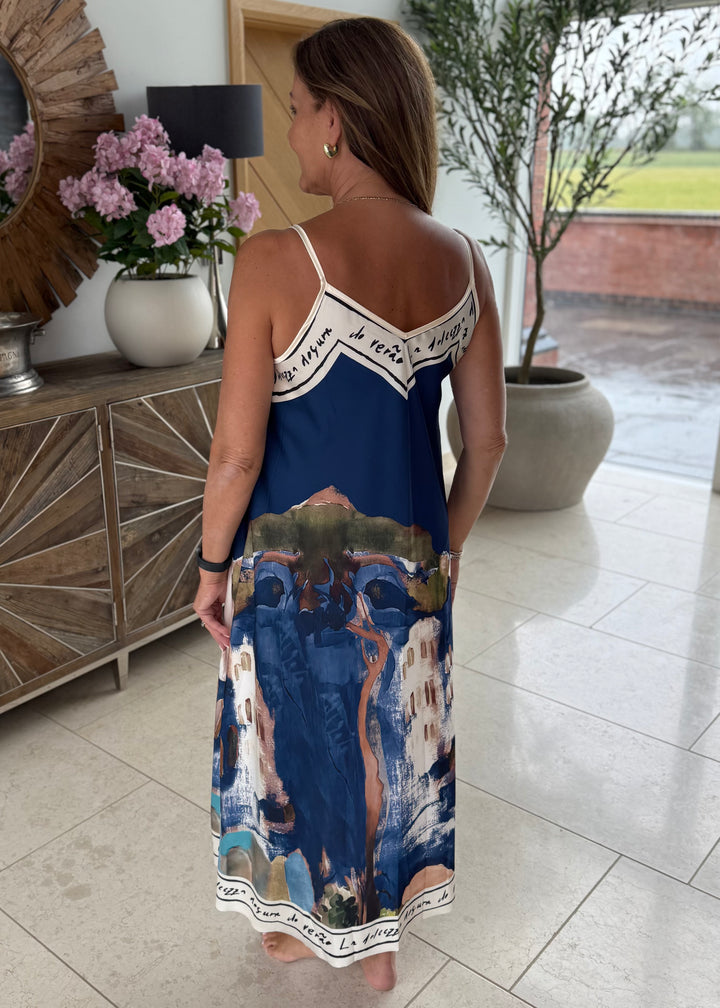 Navy Tuscan Satin Maxi Dress