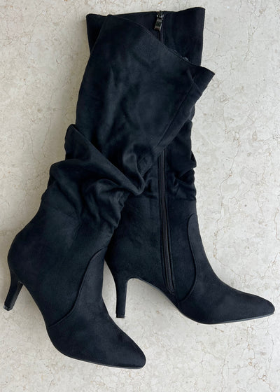 Black Suedette Ruched Heel Boots