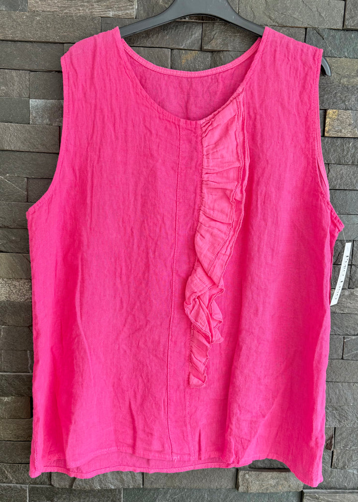 Fuchsia Pink Ruffle Detail Linen Top