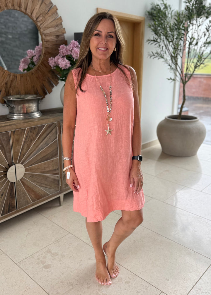 Coral Linen Sleeveless Dress