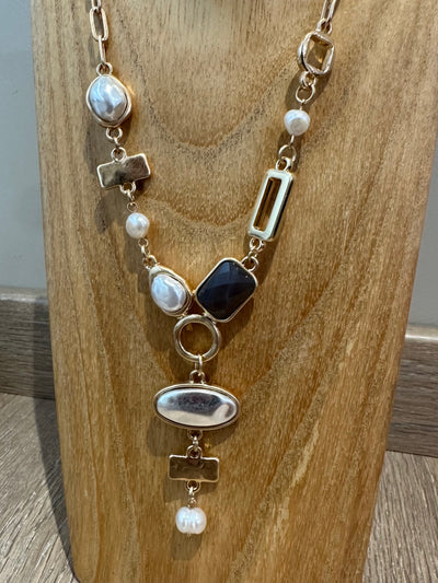Gold, Silver & Pearl Abstract Necklace