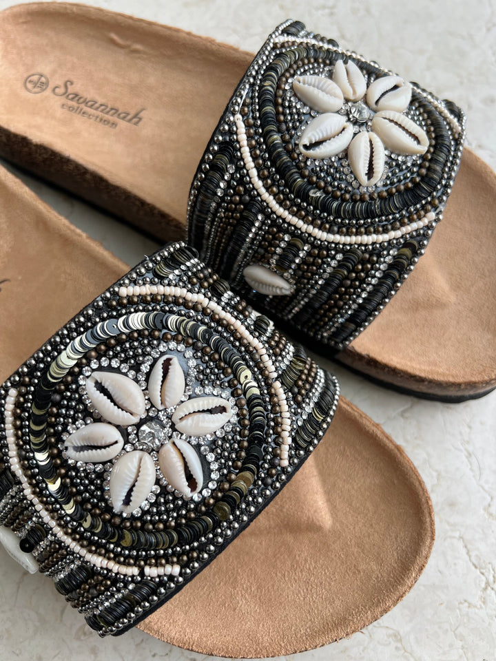 Black Shell Beaded Sliders