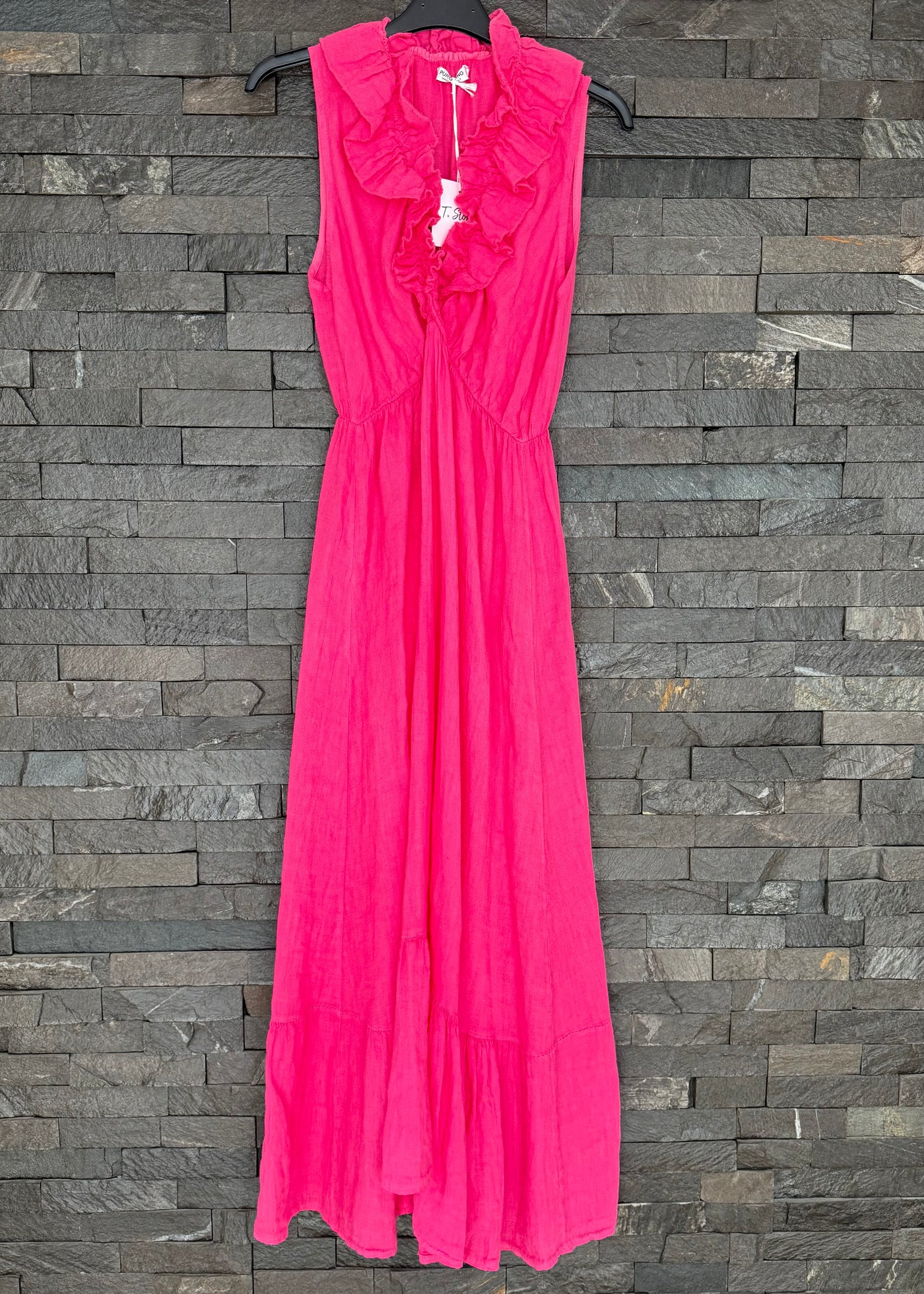 Fuchsia Pink Linen Ruffle Neck Dress