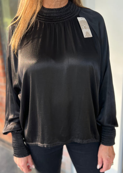 Black Satin Shirred Neckline Top