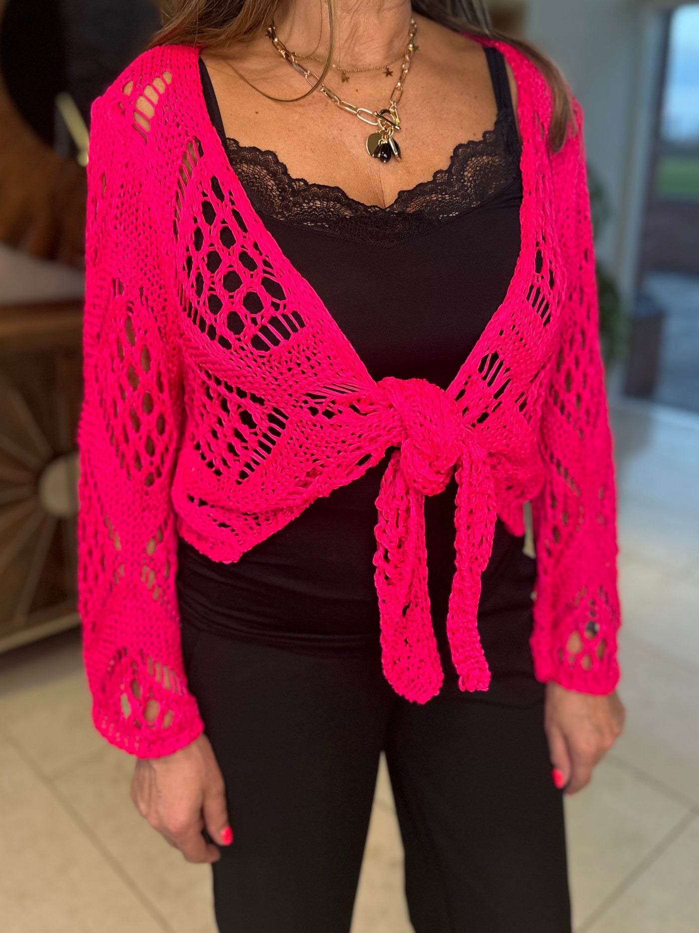 Hot Pink Crochet Tie Shrug