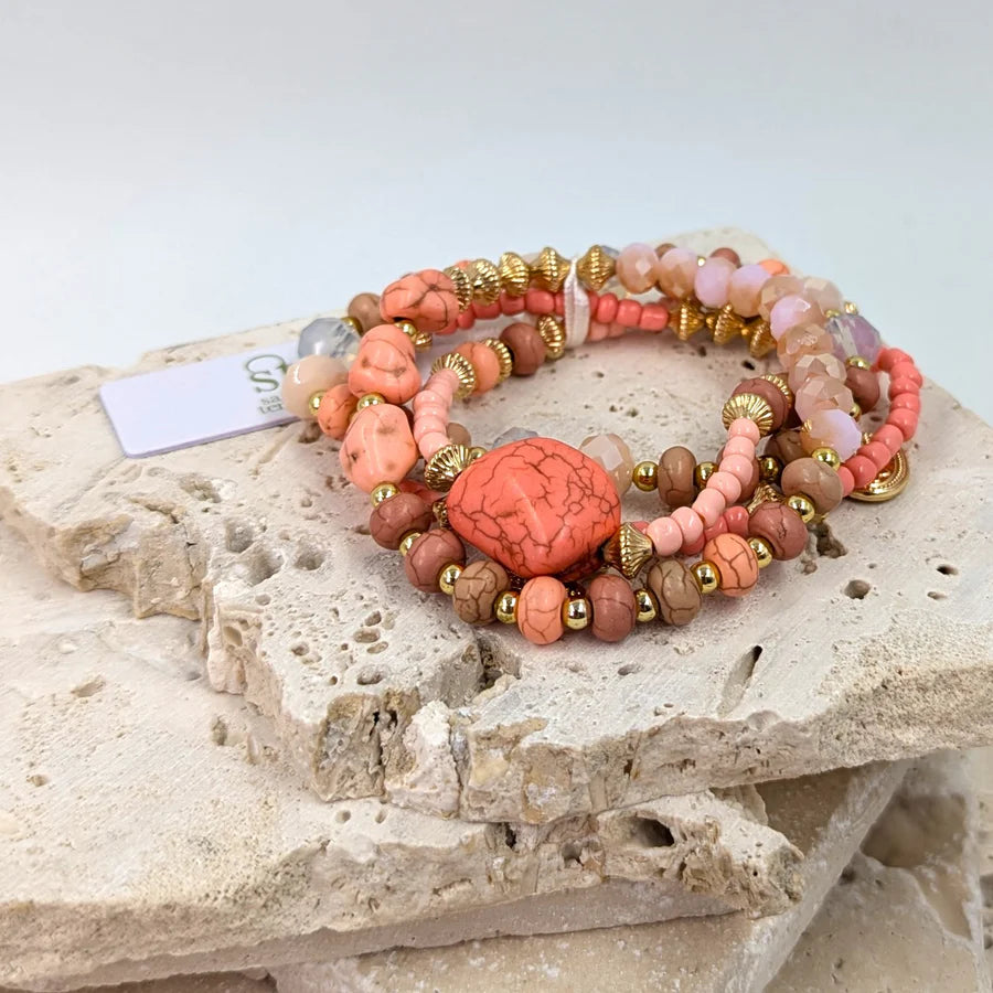 Coral Stones & Gold Heart Bracelet Stack