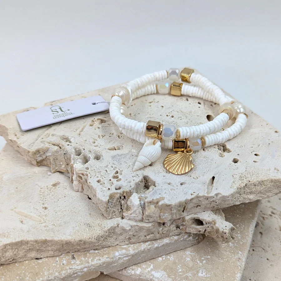 White & Gold Shell Bracelet Stack