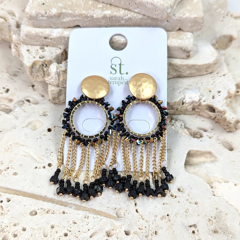 Black & Gold Beaded Circle Earrings